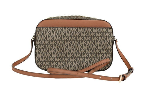 Michael Kors Jet Set Large East West Brown Gold PVC Zip Chain Crossbody Bag